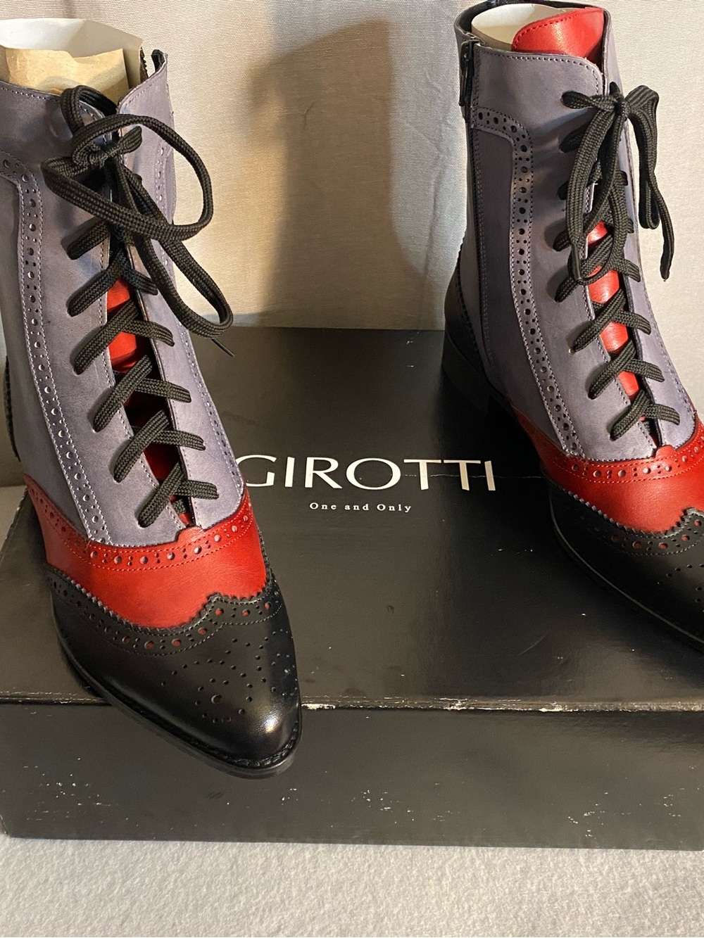 Girotti Tri-Color Lace-Up Brogue Ankle Boots - Red, Gray, Black